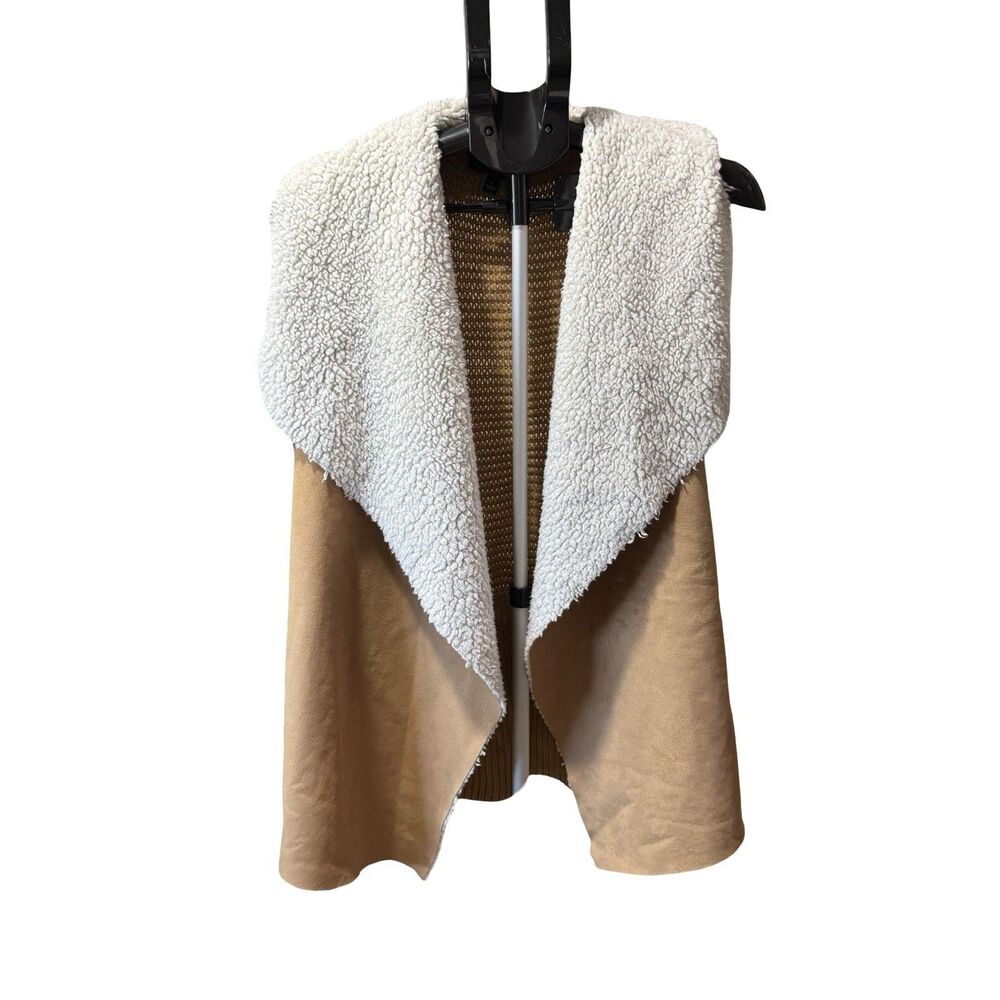 Signature Studio Vest Womens Size L Tan Faux Suede Sleeveless Open Front Sherpa